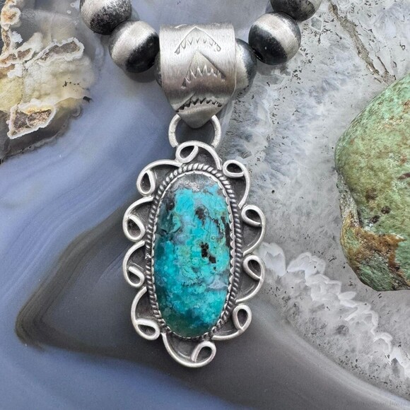 Sterling Silver Southwestern Style Oval Turquoise Decorated Pendant For Women - Picture 1 of 10